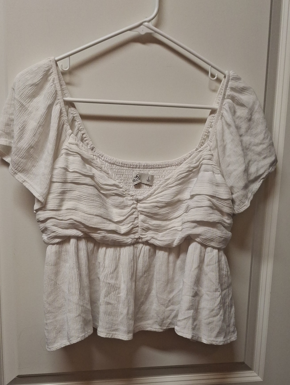 Hollister White Ruched Peasant Top